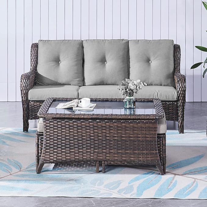 Belord Patio Coffee Table Outdoor Rectangular Glass Table, Handwoven Rattan Patio Furniture Brown Wicker Coffee Table Compatible with Patio Chairs and Sofa Sets for Backyard Sunroom Outside Lawn