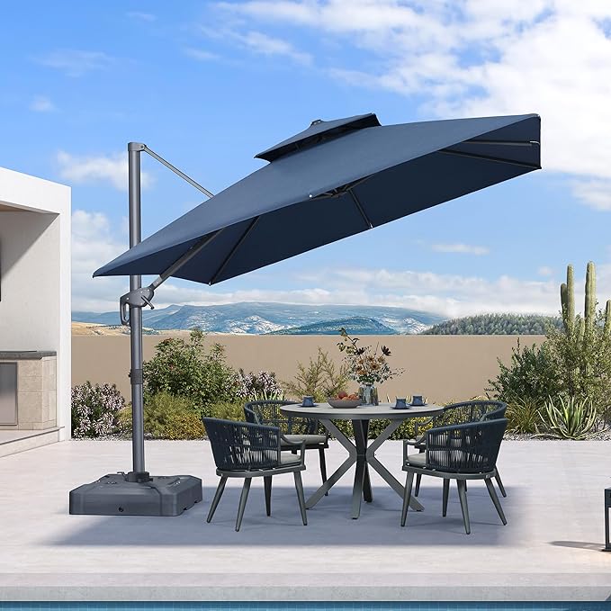 PURPLE LEAF 10 FT Cantilever Umbrella Outdoor Patio Umbrella, Large Offset Square Umbrella, Windproof Heavy Duty Hanging Outside for Patio, Ocean Slate