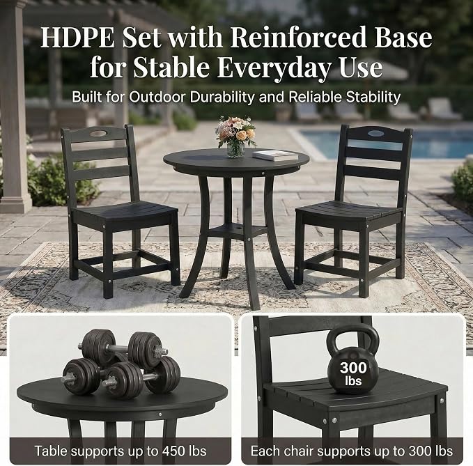 3-Pcs Outdoor Patio Dining Table Set of 3, Outdoor Patio Round 29.72'' Dining Table Bistro Set and Armless Chair for Lawn Garden Backyards, HDPE Material & 1.96'' Umbrella Hole, Black