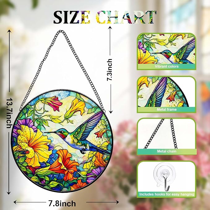 Stained Glass Window Hanging - Colorful Hummingbird Suncatcher for Windows Doors Home Decor, Hummingbird Flowers Sun Catcher Gift for Women Mom Nana Bird Lovers Christmas Mother's Day Birthday 7.8 in