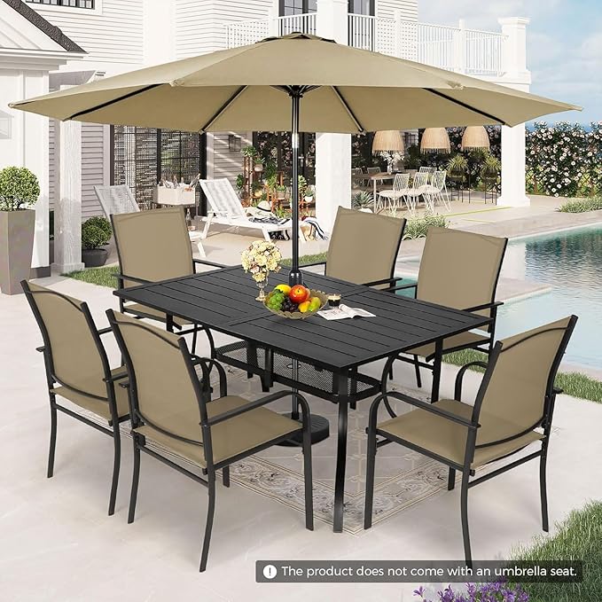 7-Piece Patio Dining Set with Umbrella,6 Person Outdoor Table and Chairs Set, 6 Metal Dining Chairs and Rectangular Outdoor Table with 1.57" Umbrella Hole,Khaki