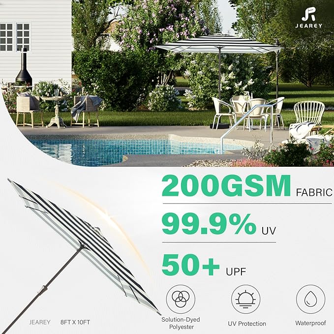 JEAREY 8x10 ft Rectangular Patio Umbrellas Outdoor Table Market Umbrella w/Crank, 8 Sturdy Ribs, UV Protection Windproof Sunproof for Garden, Deck, Backyard, Pool(Beige & Black Striped)