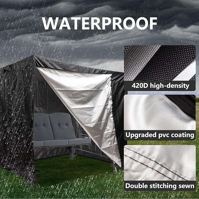 Waterproof Outdoor Swing Cover 3 Triple Seater Garden Patio Proch Swing Cover All Weather Protection 3 Seat Swing Canopy Covers Black (86L x 48D x 67H inches)