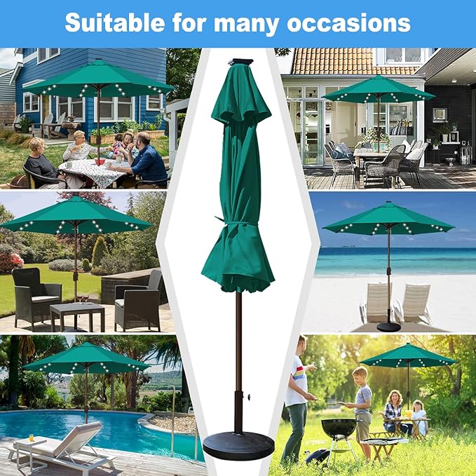 Eurmax USA 10-Year-Non-Fading 10FT Outdoor Patio Market Umbrella with LED Lights,UPF50+ UV Resistant,Heavy Duty Commercial Grade,Crank Lift Design,Windproof Vented Top for Garden,Pool,Deck,Teal