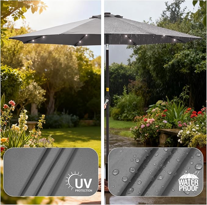 9ft Patio Umbrella Outdoor with Solar Lights,32 LED Lighted Table Market Umbrella with Tilt and Crank, 2-Year-Non-Fading, 8 Sturdy Ribs,for Pool, Deck, Garden,Backyard
