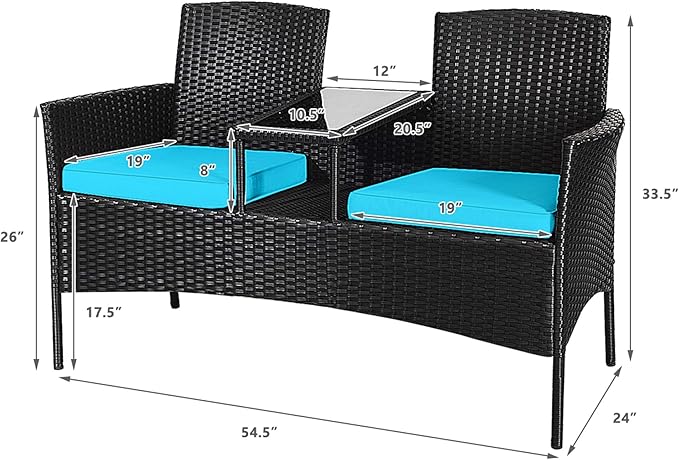 DORTALA Outdoor Patio Loveseat, Wicker Conversation Set with Cushions and Built-in Coffee Table, 2 Person Rattan Seating for Garden Lawn Backyard, Black+Turquoise