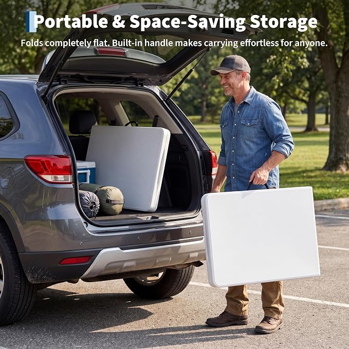 Garvee 6FT Portable Folding Table Sets with 2 Bench, HDPE Plastic Foldable Table with Carry Handle for Camping, Parties, Picnic & Events Indoor Outdoor，White