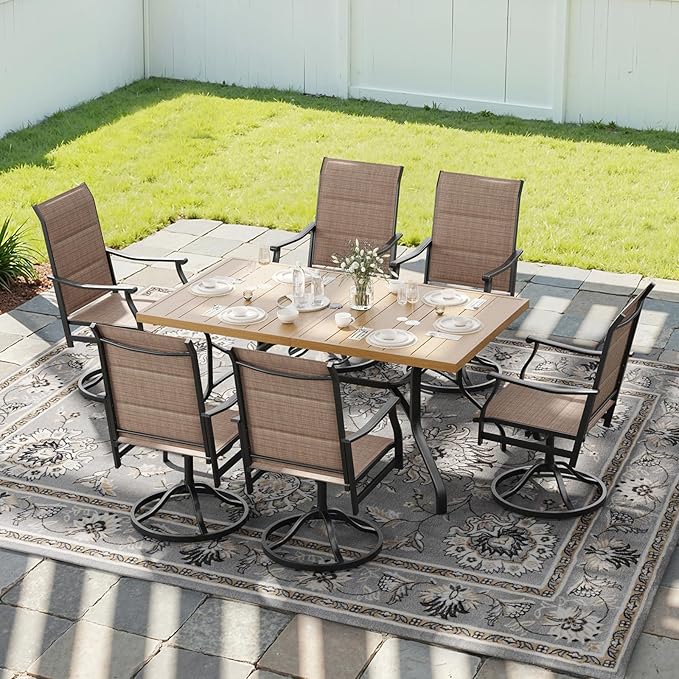 Soohow Outdoor Dining Set for 6, 7-Piece Patio Table and Chairs Set, 6 x Swivel Patio Dining Chairs and 60"x35" Wood-Like Outdoor Table with 1.57" Umbrella Hole for Backyard, Poolside
