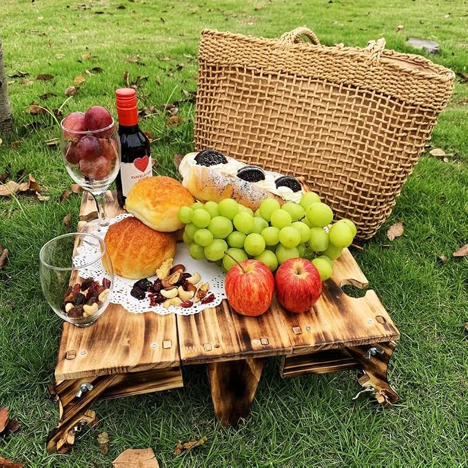 Wooden Folding Picnic Table with Storage Basket - 2-in-1 Portable Outdoor Table with Wine Glass Holder, Ideal for Champagne, Snacks and Beach or Park Picnics (Vintage)