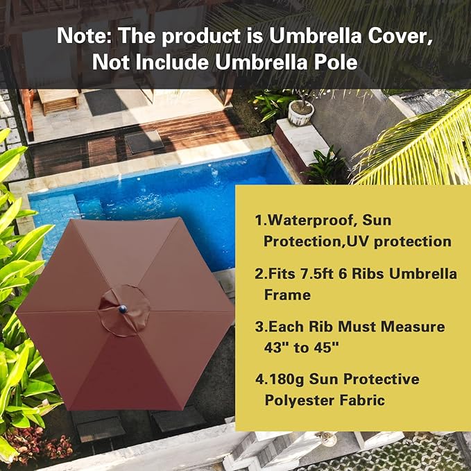 Sunnyglade 7.5ft Patio Umbrella Replacement Canopy Market Umbrella Top Outdoor Umbrella Canopy with 6 Ribs