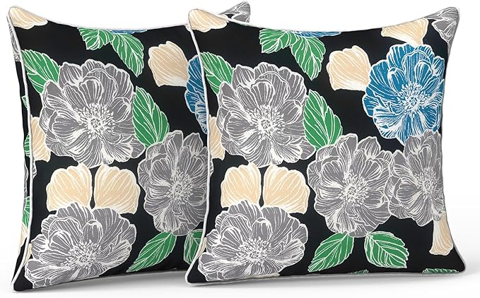 LVTXIII Outdoor/Indoor Throw Pillows, Decorative Patio Accent Pillows, Fluffy Water Repellent Garden Cushions for Home Patio Coach Sofa Use, 16×16 Inch, Pack of 2, Peony Garden