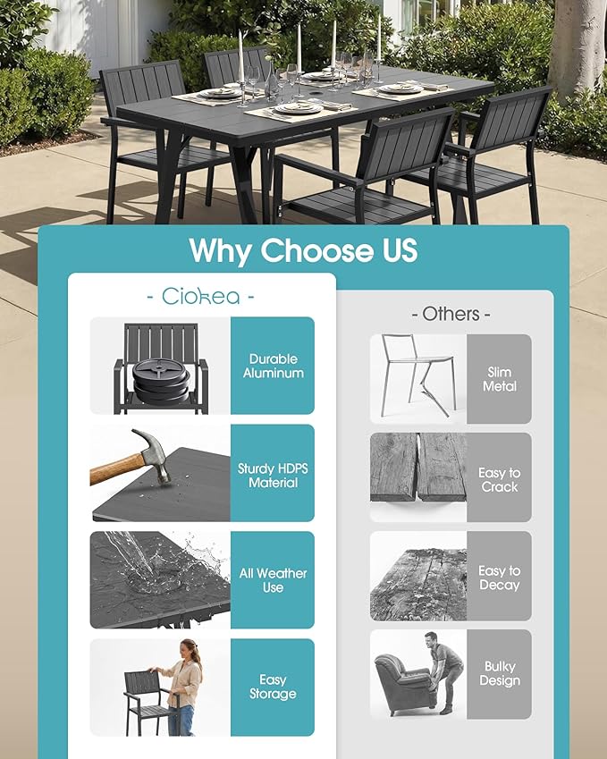 Ciokea Aluminum Outdoor Dining Sets for 4, Patio Table and Stackable Chairs Set with Umbrella Hole, All-Weather HDPS Durable Furniture for Backyard, Poolside, Lawn & Garden | 5-Piece, Grey