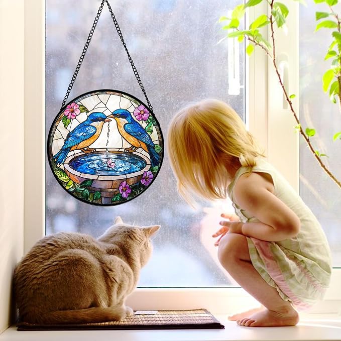 DASTOLL Stained Glass Window Hanging, 2 Blue Birds Suncatcher Diamond Glass Panel Hangings Bird Lover Sun Catchers Decor for Birthday for Women, Men, Wife, Aunt, and Mom 7.8 in