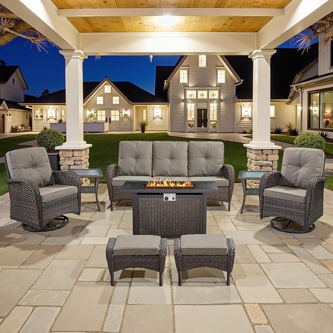 Belord 8 Piece Patio Furniture Set with 43" Fire Pit Table - Wicker Patio Conversation Set with Swivel Rocker Chairs and Sofa for Deck Outside Backyard Brown