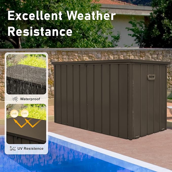 Domi Deck Box Outdoor Storage Box 200 Gallon, Lockable Storage Cabinet Deck Box Outdoor Waterproof, Large Metal Storage Bin for Patio Furniture Cushions Garden Tools Pool-Supplies, Brown