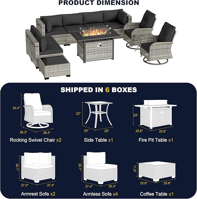 11-Piece Outdoor Patio Furniture Set with Rocking Swivel Chair, Wicker Rattan Sectional Sofa Conversation Set with 55,000 BTU Fire Pit Table, Backyard Furniture, Dark Grey