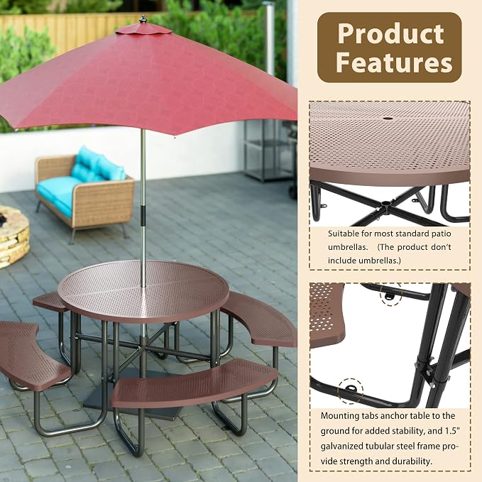 46" Round Metal Picnic Table with Umbrella Hole, Heavy Duty Stainless Steel Outdoor Table, Portable Patio Dining Table for Backyard Garden Picnic (Coffee -Round)