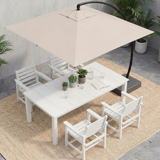 HDPE Outdoor Dining Set for 4, 5-Piece Outdoor Dining Table Set with 11FT Cantilever Umbrella, Patio Table and Chairs Set with Aluminum Frame & Legs (White)
