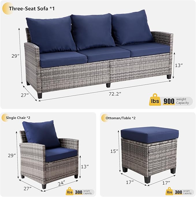 FHFO 5 Pieces Outdoor Patio Sectional Furniture Set, Wicker Patio Conversation Sofa Couch Set with Ottomans Rattan Chair and Table for Outside, Garden,Grey-Blue