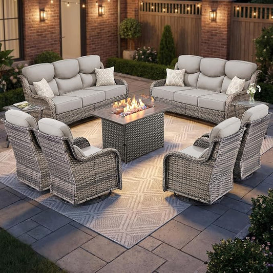 Luxury Swivel Rocker Chairs Fire Pit Set with 6" Thick Cushion 9 piece Wicker Outdoor Patio Chair with Sofa and Side Table,Comfortable High Back Outdoor Patio Furniture Set - Gery | Beige