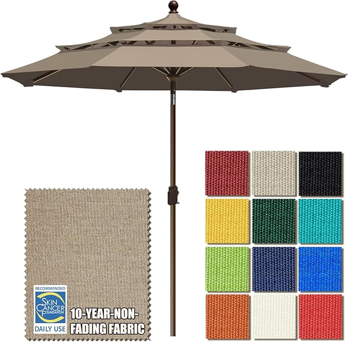 EliteShade USA 10-Year-Non-Fading 9ft 3-Tier Market Patio Umbrella, Commercial Grade Outdoor Table Umbrella with Crank Open, Windproof & UPF 50+ UV Protection, Heavy Duty Ventilation for Garden, Deck, Pool, Backyard, Beach & Bistro, Mushroom