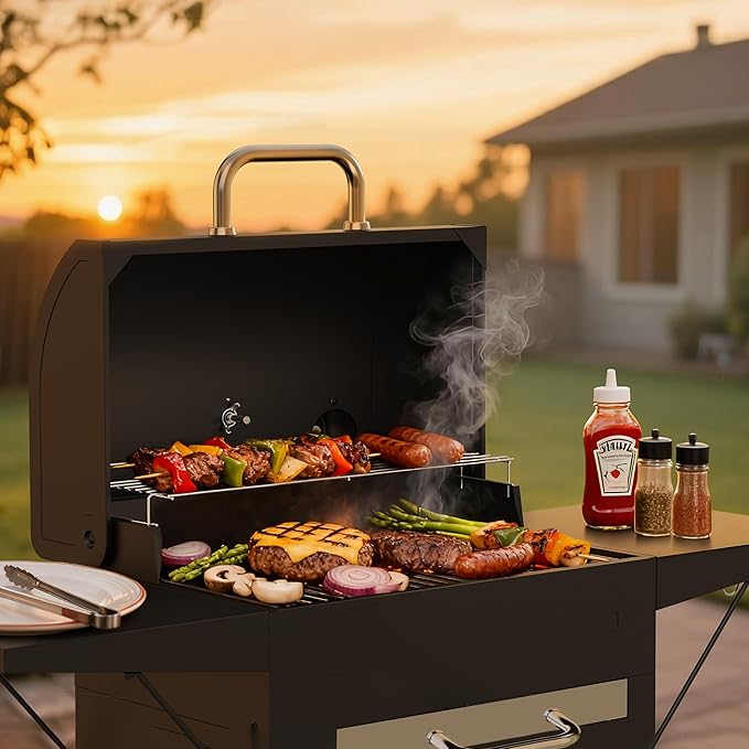 KEYO GRILL 20-Inch Heavy Duty Charcoal Grills, Adjustable Vent Outdoor BBQ Grill with Two Side Tables, Pullable Charcoal Ash Tray Portable Barbecue Grill for Backyard,Tailgating and Camping, Black