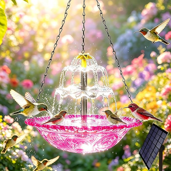 TUGFREE Solar Fountain for Bird Bath, Hanging Outdoor Water Feature with Solar Powered Cascade, Bird Bath Fountain for Garden Patio Yard - Decorative Circulating Bowl Attracts Wild Birds (Purple)
