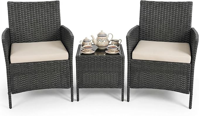 3 Piece Patio Furniture Set, Outdoor Deck Rattan Chair Wicker Combo Furniture, All Weather Dialogue Rattan Sofa With Upholstery and Glass Table for Garden, Backyard, Porch, Lawn, Pool, Black