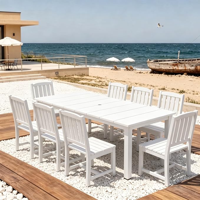 AreShark 9-Piece Outdoor Dining Set,HDPE Patio Table with 8 Chairs,All-Weather Patio Furniture Set with Umbrella Hole,Low Maintenance Wood Grain Dining Set for Backyard,Garden,Poolside,White