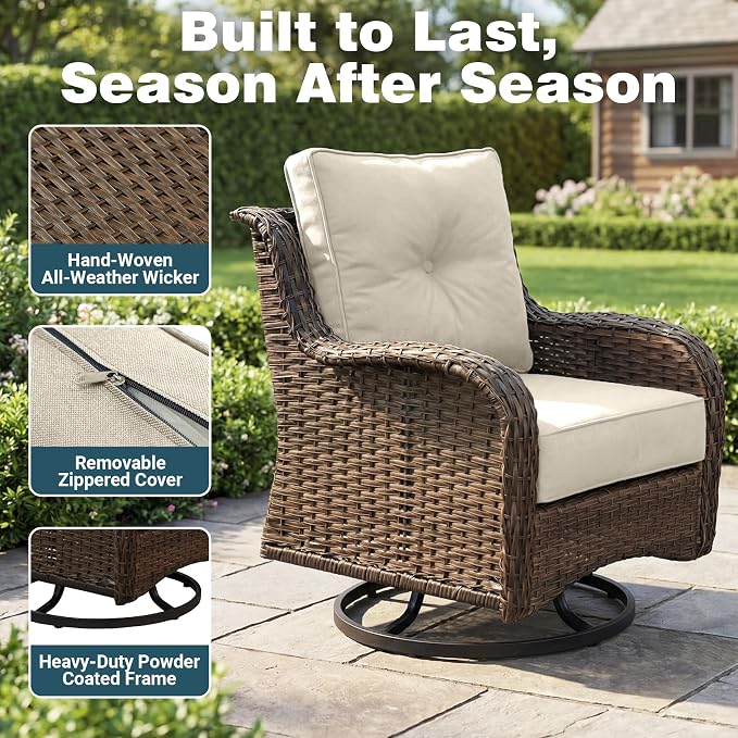 Patio Furniture Set, 10PCS Outdoor Wicker Conversation Set with 6" Thick Cushions, High Back Rattan Sofa & Swivel Rocker Chairs, Weather Resistant Olefin Fabric for Garden, Poolside, Beige