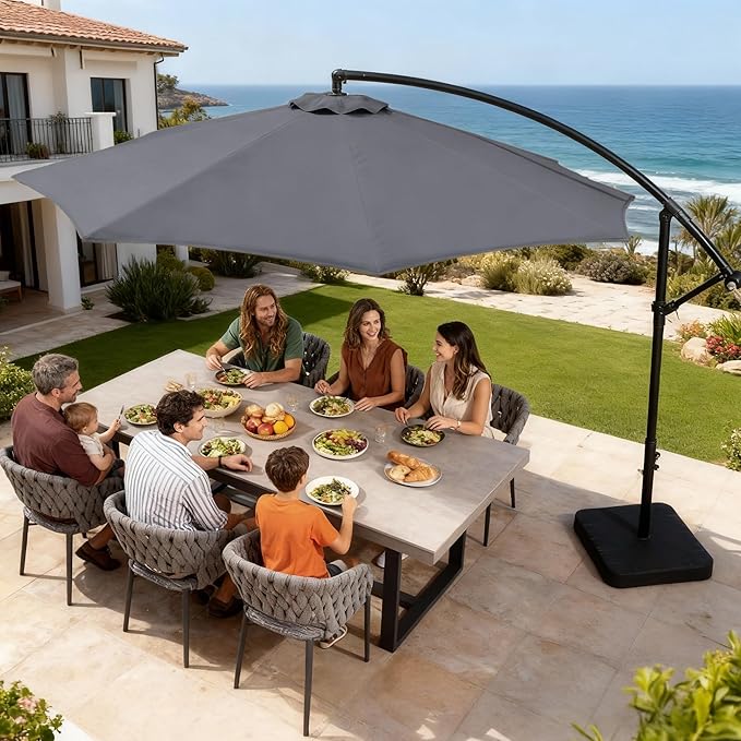 OLILAWN 10ft Patio Umbrella with Base Included, Outdoor Offset Cantilever Umbrella Upgraded Yarn-dyed Fabric Shade, Sturdy 8 Rids, Easy Tilt Adjustment, for Pool Deck Porch Backyard Garden,Charcoal