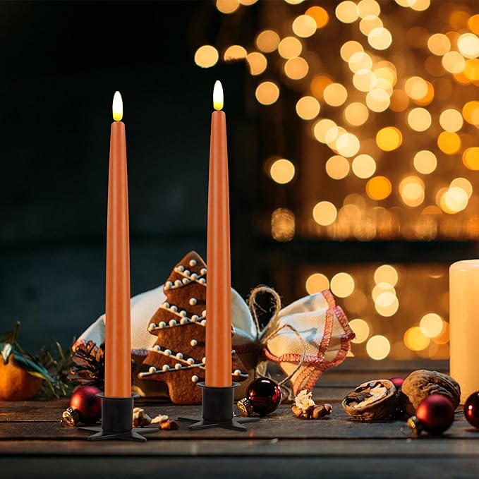 CVHOMEDECO. Flameless Taper Candles with 10-Key Remote, Battery Operated Led Flickering 3D Wick Window Candles Real Wax Finished Home Christmas Party Decor 0.78 x 11 Inch, Pack of 2 (Orange)