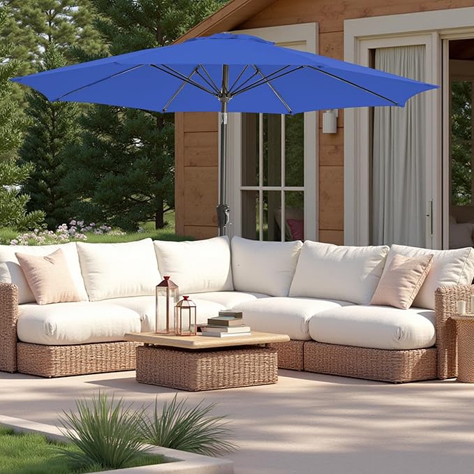 9FT Large Outdoor Patio Umbrella Market Table Umbrella-UV Resistant, Easy Push Button Tilt and Crank, 8 Sturdy Ribs Heavy-Duty Pool Umbrella for Deck,Blue