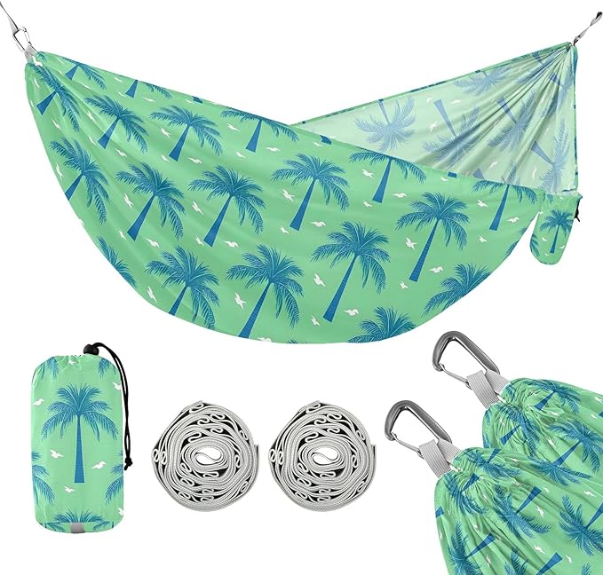 Camping Hammock Outdoor Hammocks for Outside Green Palm Tree Beach Trees Portable Lightweight with Pockets Tree Straps Indoor