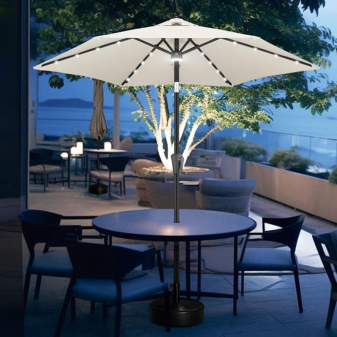 FLAME&SHADE 7.5 FT Solar Light Patio Umbrella, 24 LED Lights Outdoor Umbrella with Centre Surround Light, Table Umbrella Outdoor Patio for Deck, Pool, Backyard, Garden, UV Protection (Ivory)