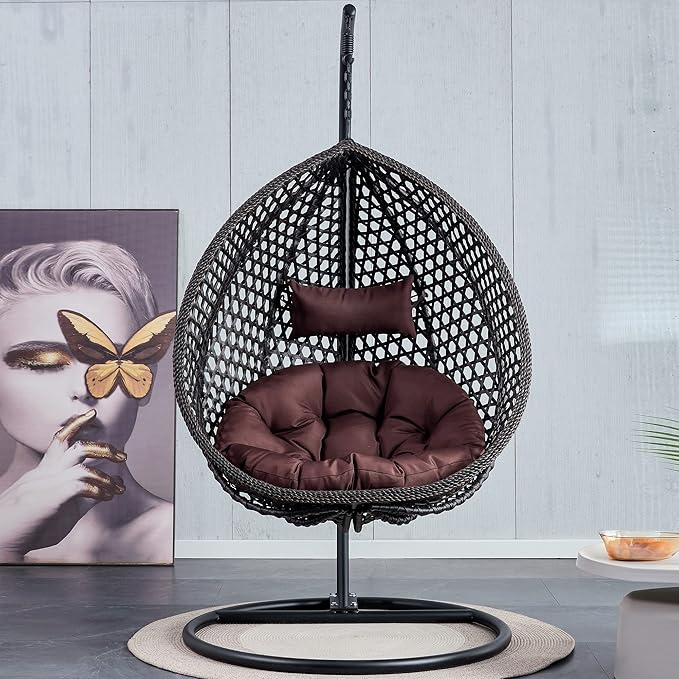 Hanging Egg Swing Chair with Stand, Rattan Wicker Hanging Egg Chair Hammock Indoor with Cushions, Swinging Chair for Bedroom Outdoor Patio Balcony Backyard Sunroom Heavy Duty 350LBS (Black)