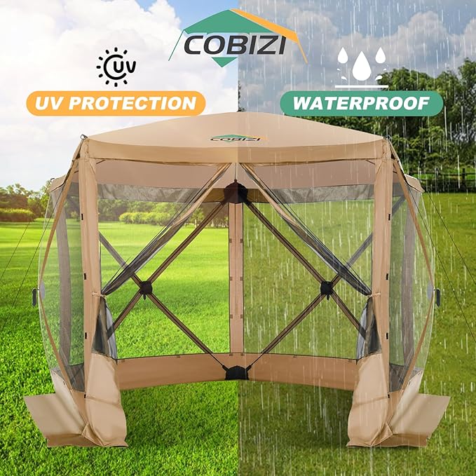 COBIZI 10x10 FT Pop up Gazebo, Popup Canopy tent,Screened In Gazebos with sidewalls, Waterproof Portable Outdoor Small Screen tents Sun Shelter,carpas para patio for Camping, Garden and Backyard,Khaki