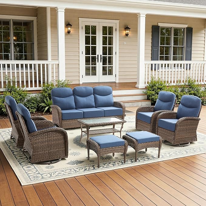 8-Piece Luxury Patio Furniture Set with 6-Inch Thick Cushions, High-Back Outdoor 4 Swivel Rocking Chairs with Wicker Coffee Table, All-Weather Conversation Set for Porch, Deck, Yard or Poolside –Blue