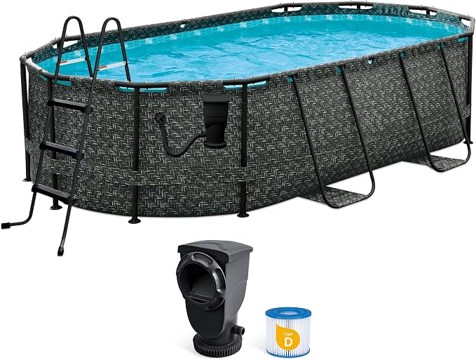 Funsicle Oval Oasis Designer 13'11" x 8'2" x 39.5" Above Ground Swimming Pool, with FiltraBoost Filter 800 GPH Pump with AutoSkimmer, Ladder & Type D Filter Cartridge, Dark Herringbone