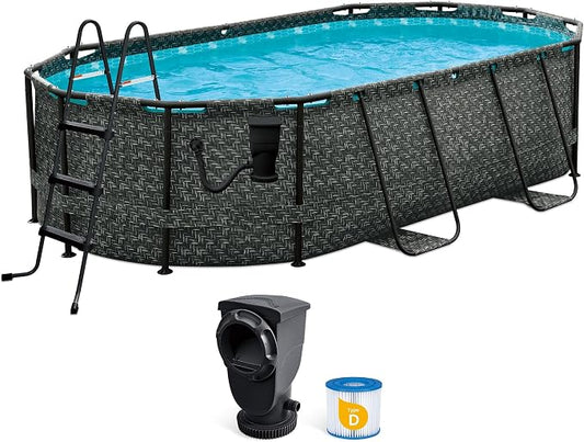 Funsicle Oval Oasis Designer 13'11" x 8'2" x 39.5" Above Ground Swimming Pool, with FiltraBoost Filter 800 GPH Pump with AutoSkimmer, Ladder & Type D Filter Cartridge, Dark Herringbone