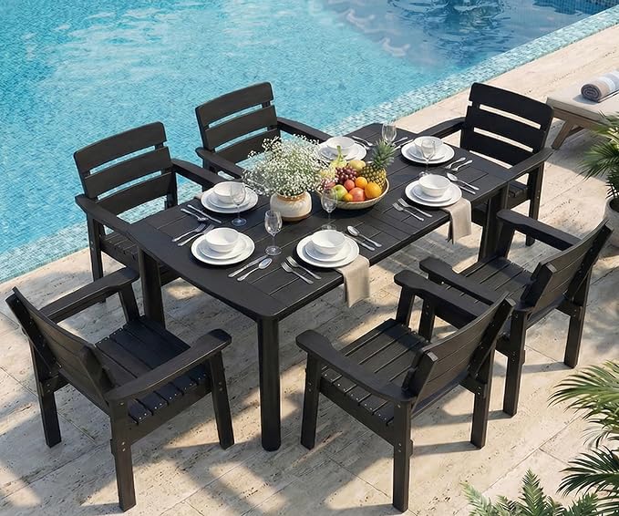 7-Piece Outdoor Dining Set, All-Weather HIPS Patio Table & Chairs for 6, Outdoor Furniture with Umbrella Hole, Ideal for Garden, Poolside, Backyard, Deck, Black