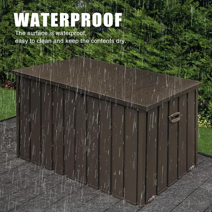 Domi Outdoor Deck Box 100 Gallon, Waterproof Lockable Steel Outdoor Storage Container for Outside Cushions, Garden Tools and Pools Equipment (Dark Brown)