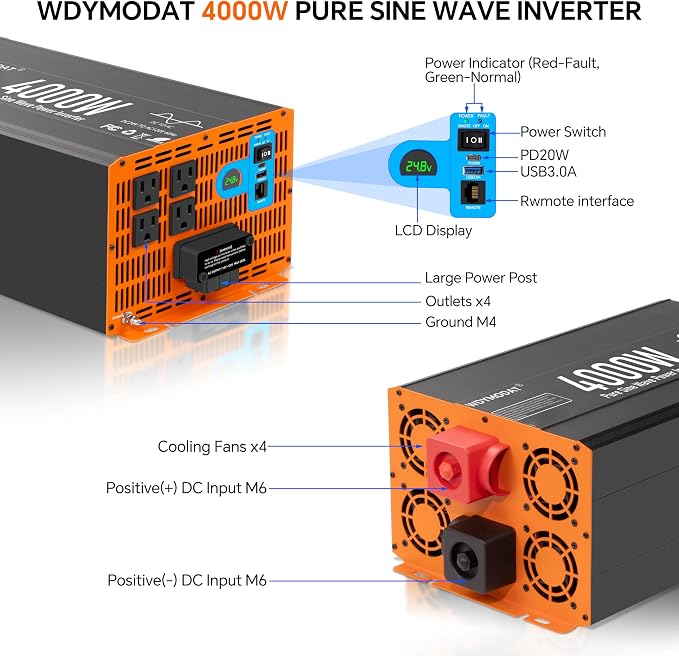 4000W Pure Sine Wave Inverter,24V DC to 120V AC Car Power Inverter 8000W Peak with 4 AC Outlets, 3.0A USB and Type-C, LCD Display 16.5 ft Remote Control for RV Truck Travel Solar Emergency