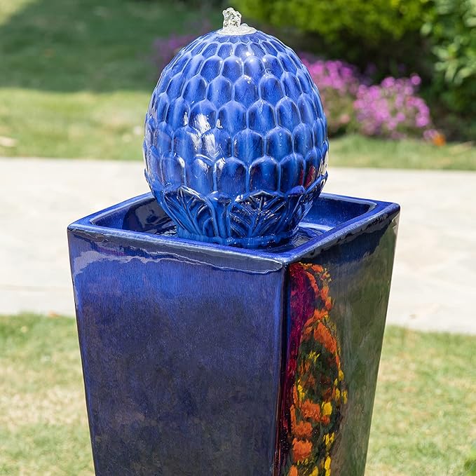 Glitzhome Water Fountain Outdoor with LED Light, Oversized Ceramic Pedestal Garden Fountains Outdoor, Artichoke Outdoor Fountains and Waterfalls Water Feature, Cobalt Blue, 35.75" H