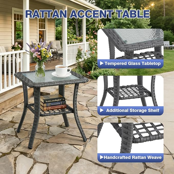 3 Piece Patio Furniture Set,360°Swivel Glider Patio Chairs Set of 2 with Outdoor Side Table, All-Weather Wicker Patio Set with 6 Inch Thick Cushions for Porch Deck Balcony Garden