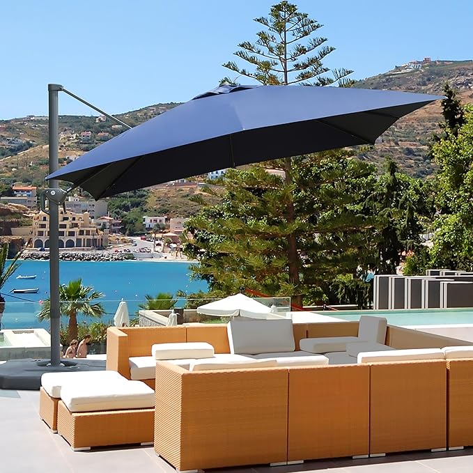 Domi 8’x8’ Cantilever Patio Umbrella, Aluminum Windproof Outdoor Umbrella with 360°Rotation, Square Offset Sun Shade Umbrella for Outside Deck Backyard Garden Pool, Navy Blue