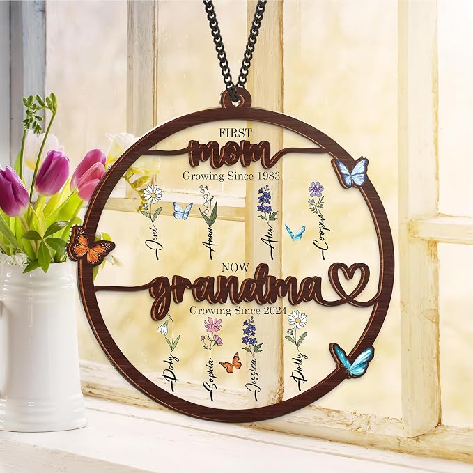 Personalized for Grandma - Birth Flower Grandma's Garden Window Hanging Suncatcher - Mother's Day, Custom Stained Glass Gift for Mom (Grandma's Garden)