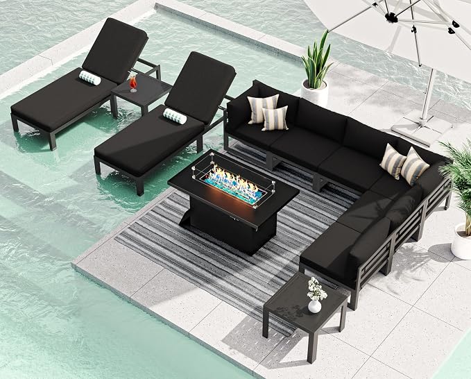 RADIATA 11 Pcs Extra Large Modern Aluminum Outdoor Furniture Set with Lounger & Fire Pit Table, 29 inch Deep Wide Couch Set, 500 lbs Heavy Duty Comfortable Patio Sectional Sofa for Edge of Pool, Black