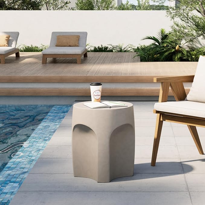 HOMPUS Outdoor Side Table w Arch Shape, Unique Concrete End Table, Round Patio Accent Table MgO Lightweight, Modern Vintage Garden Plant Stand for Indoor Use, Grey