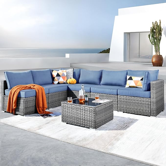 ovios Outdoor 7 Piece Coversation Set with Coffee Table,Sectional Patio Furniture Set with All-Weather Wicker Sofa,Modern Outside Couch for Balcony Backyard Pool, Blue